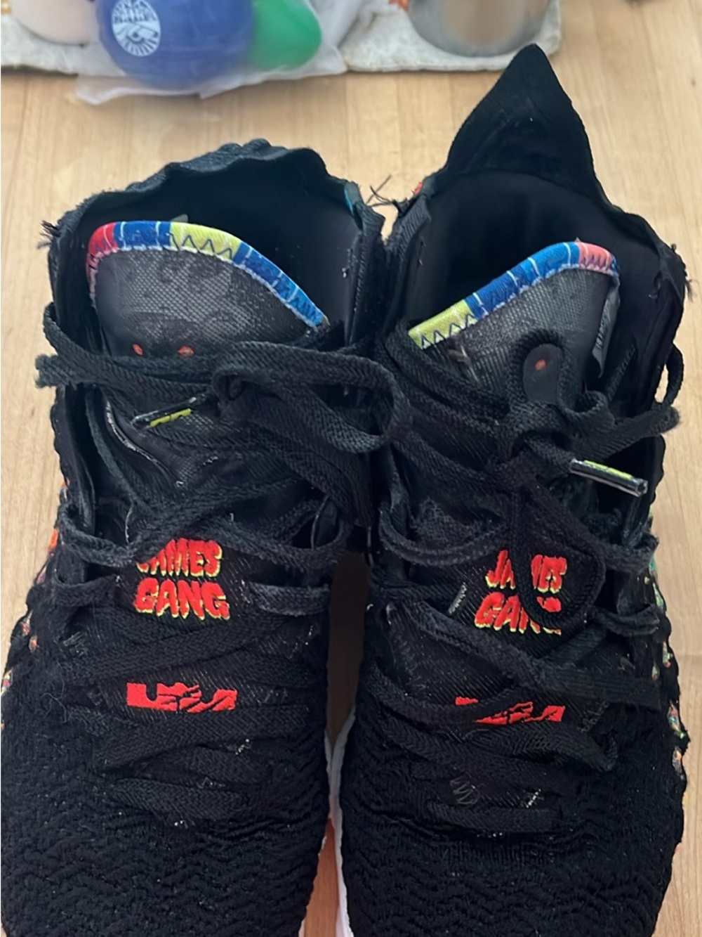 Nike James Gang LeBron Black High-Top Sneakers with Red Logo and Multicolor Trim